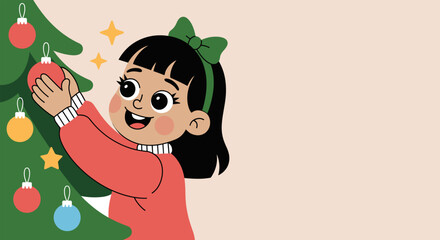 A cheerful girl decorating a Christmas tree, a charming moment filled with festive spirit, vector illustration with copy space for cards, seasonal invitations, and holiday projects