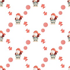 Santa Claus seamless pattern with hearts hand drawn watercolor 