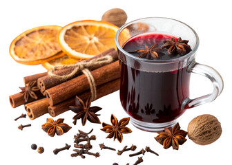Hot mulled wine glass cinnamon spice nutmeg clove, cut out transparent