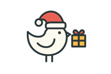 Cartoon bird wearing santa hat and holding a christmas gift, delivering holiday cheer with a present icon
