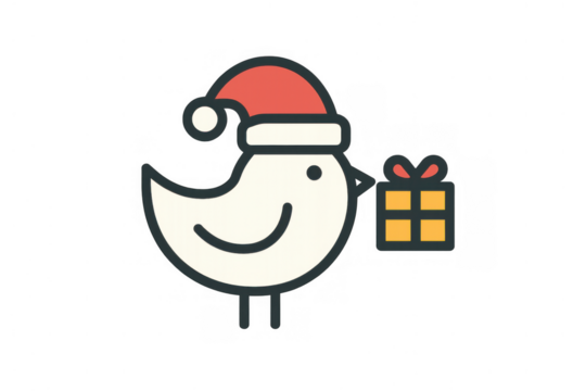 Cartoon bird wearing santa hat and holding a christmas gift, delivering holiday cheer with a present icon