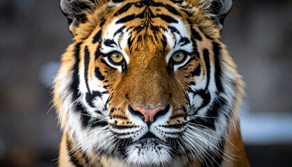 Obraz premium Intense, close-up portrait of a tiger, its golden eyes piercingly fixed on the viewer against a blurred backdrop