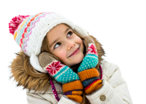 Smiling happy girl colorful winter hat gloves looking up, cut out transparent