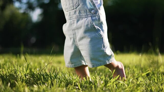 Toddler walking on grass barefoot shows baby and child leg and foot in denim short during summer outdoor play in sunny yard closeup natural green grass texture focus on small step and discovery