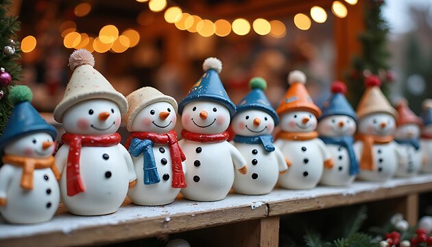Row of cute snowman figurines at a christmas market stall outdoors