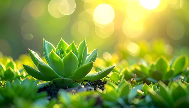 Lush green succulent plants thrive under the warm glow of the sun, creating a serene and inviting outdoor scene