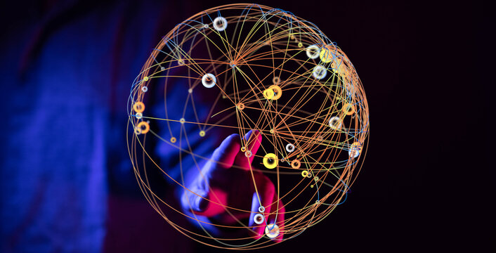 Concept image of a hand interacting with a glowing network globe, symbolizing connection, data, and technology. Ideal for illustratin
