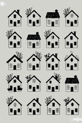 Fototapeta premium Vector illustration of a charming collection of handdrawn, black and white houses with small leafy accents, arranged in a grid