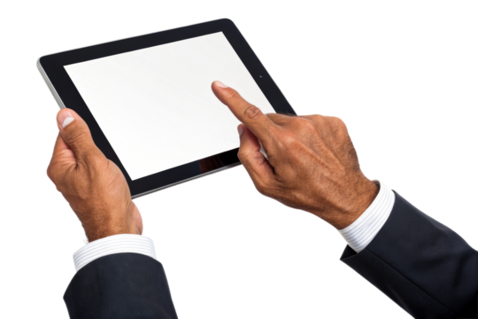 Black man in suit touching blank tablet screen