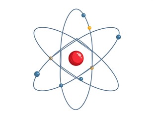 A colorful, cartoon-style illustration of an atom with a central red nucleus and orbiting particles