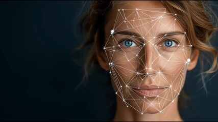 Female model with facial recognition technology overlay, showcasing intricate geometric patterns on skin, as camera zooms in to highlight facial features and expressions