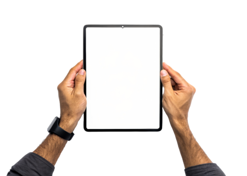 Person holding a tablet device with a blank white screen