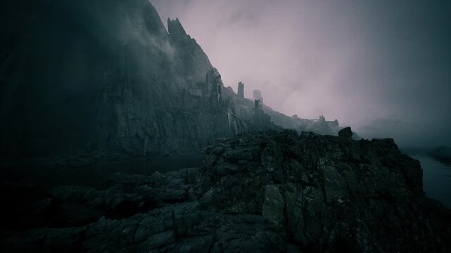 Rugged cliffs rise dramatically against a backdrop of a moody, overcast sky, as twilight casts shadows over the rocky terrain. The scene evokes a sense of mystery and solitude.