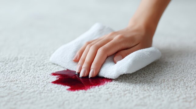 Hand of a woman using a white cloth to clean a red stain on a light carpet, demonstrating effective cleaning techniques in a home environment with focus on maintenance