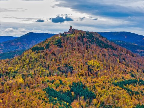 Aerial view of Ch&Atilde;&cent;teau du Haut-K&Aring;&ldquo;nigsbourg perched atop a hill ablaze with autumn foliage under a brooding sky, Orschwiller, Grand Est, France.