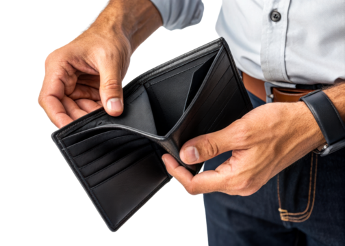 Hispanic man hands opening empty black leather wallet, cut out transparent