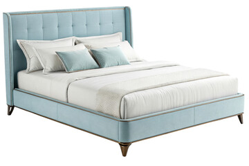 Upholstered queen bed light blue fabric tufted headboard, cut out transparent