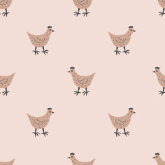 Hand Drawn Chicken Seamless Pattern. Cute Sparse Cottagecore and Farmhouse Beige Background with brown Hen animal in minimal style. Flat bector illustration