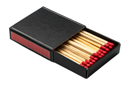 Black Matchbox Filled With Wooden Matches and Red Tips