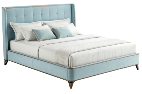 Upholstered queen bed light blue fabric tufted headboard, cut out transparent