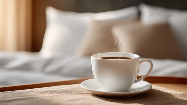 Steaming cup of coffee placed on wooden tray beside soft bedding in a cozy bedroom, creating a warm and inviting morning atmosphere for relaxation and enjoyment - Powered by Adobe