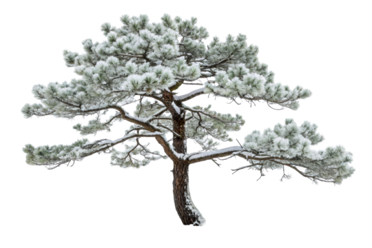 Pine tree with snow on needles in winter landscape