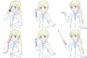 電話をかける、マルバツ棒を持つ、案内する若い女性薬剤師。白衣を着た女性のクリップアート6点セット
