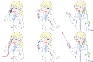 電話をかける、マルバツ棒を持つ、案内する若い女性薬剤師。白衣を着た女性のクリップアート6点セット