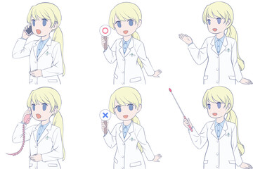電話をかける、マルバツ棒を持つ、案内する若い女性薬剤師。白衣を着た女性のクリップアート6点セット