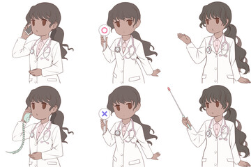 電話をかける、マルバツ棒を持つ、案内する若い女性医師。可愛いドクターのクリップアート6点セット