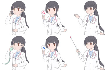 電話をかける、マルバツ棒を持つ、案内する若い女性医師。可愛いドクターのクリップアート6点セット