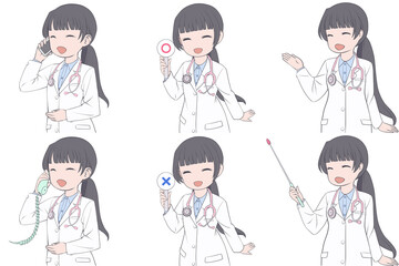 電話をかける、マルバツ棒を持つ、案内する若い女性医師。可愛いドクターのクリップアート6点セット