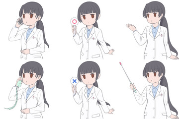 電話をかける、マルバツ棒を持つ、案内する若い女性薬剤師。白衣を着た女性のクリップアート6点セット