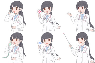 電話をかける、マルバツ棒を持つ、案内する若い女性医師。可愛いドクターのクリップアート6点セット