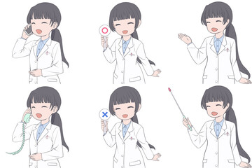 電話をかける、マルバツ棒を持つ、案内する若い女性薬剤師。白衣を着た女性のクリップアート6点セット