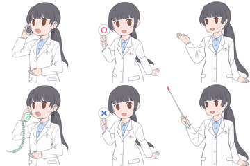 電話をかける、マルバツ棒を持つ、案内する若い女性薬剤師。白衣を着た女性のクリップアート6点セット