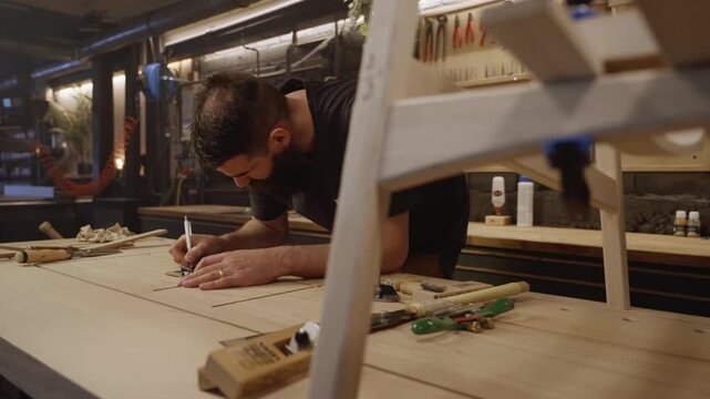 A craftsman leans over a wooden workbench in a modern workshop, surrounded by tools and materials, concentrating on his woodworking project and design details.