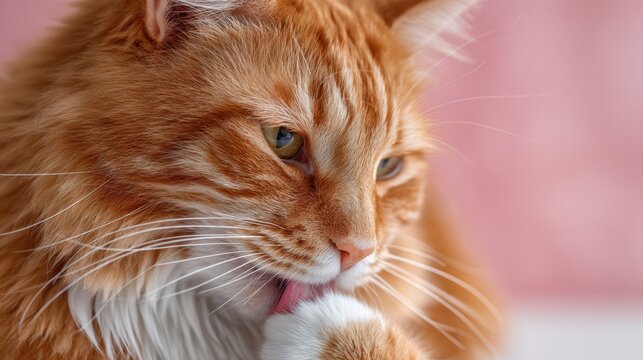 Orange tabby cat grooming itself with its paw, showcasing its fluffy fur and bright eyes, against a soft pink background, capturing a moment of feline self-care and tranquility
