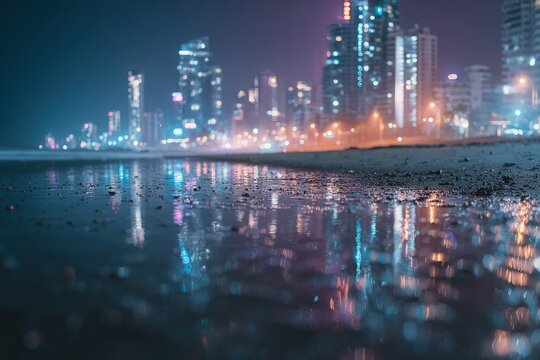 Night City Beach Reflections - Powered by Adobe