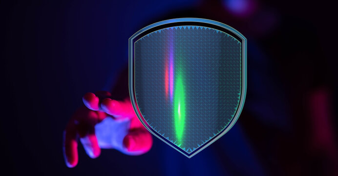 Image of a hand reaching out to a glowing digital shield, symbolizing data protection, online security, and privacy in a futuristic c