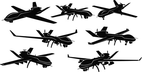 MQ-9 Reaper drone silhouettes, military UAV vector set, unmanned aircraft views, black graphic design, surveillance and defense concept