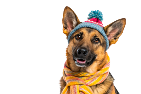 German Shepherd dog wearing a warm knitted hat and scarf