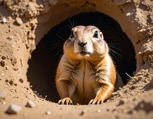 A curious ground squirrel emerges from its earthen burrow, gazing directly at the viewer with bright, alert eyes. Natural setting