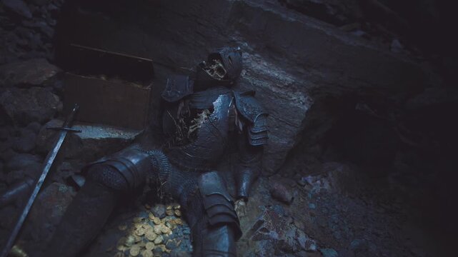 A long dead knight rests motionless in a shadowy cave, surrounded by scattered gold coins. The remnants of armor are partially obscured by dust and darkness.
