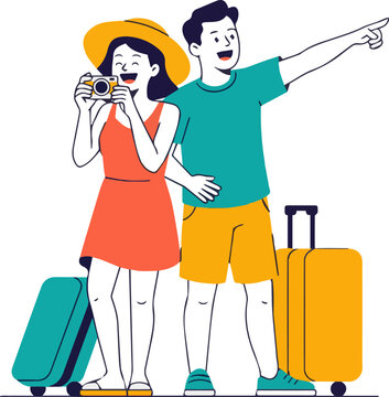 Create a kinds of deferent Simple vector illustration of a couple taking photos on a trip vector art with white background.