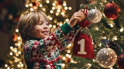 Happy young boy decorating Christmas tree with advent calendar bag.