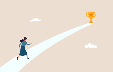 Opportunity of victory. Businesswoman running towards the trophy goal