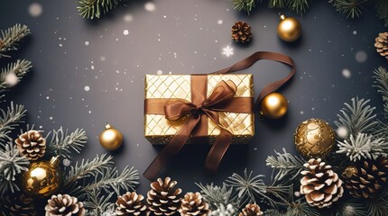 Overhead view of a golden Christmas gift box with brown ribbon, framed by frosted pine branches, pinecones, golden ornaments, and falling snow on a dark background. Greeting card