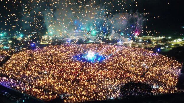 Aerial view of Sky lantern Yi peng in Chiang Mai, Thailand.