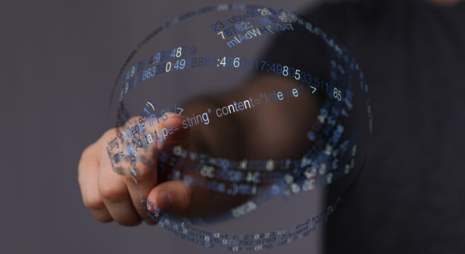 Hand touching a digital data sphere representing technology and connectivity, global network visualization.